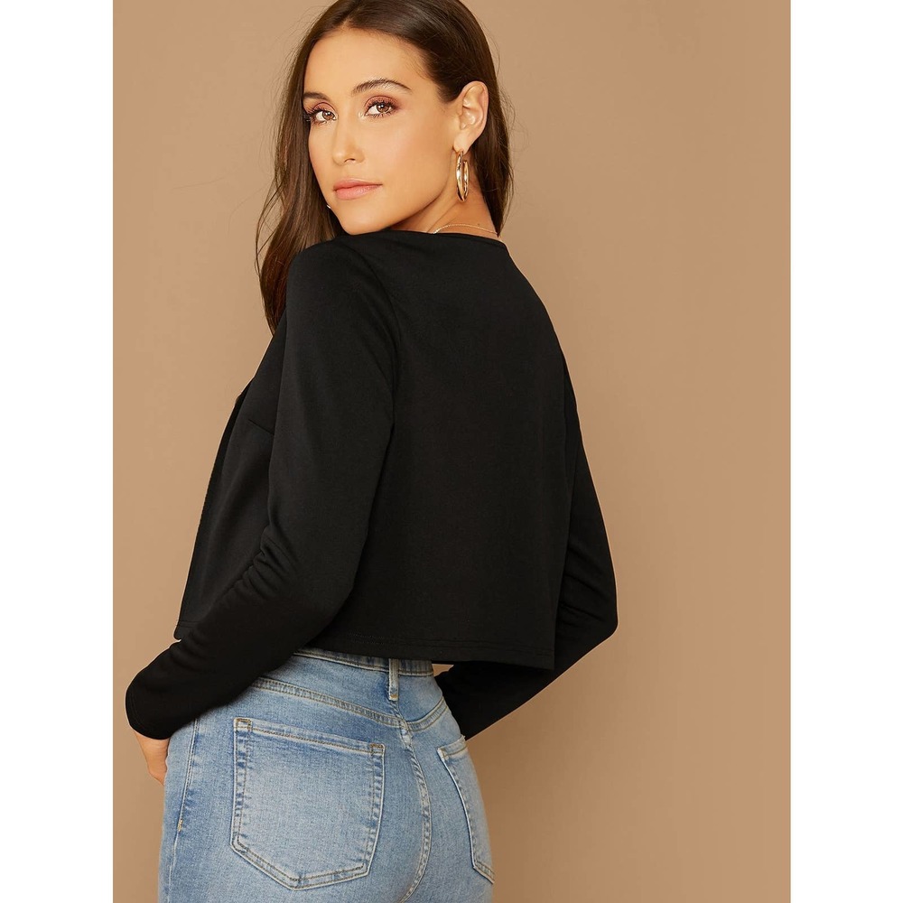 Business casual minimalist white Open Front Solid Crop Blazer - Picture 6 of 8